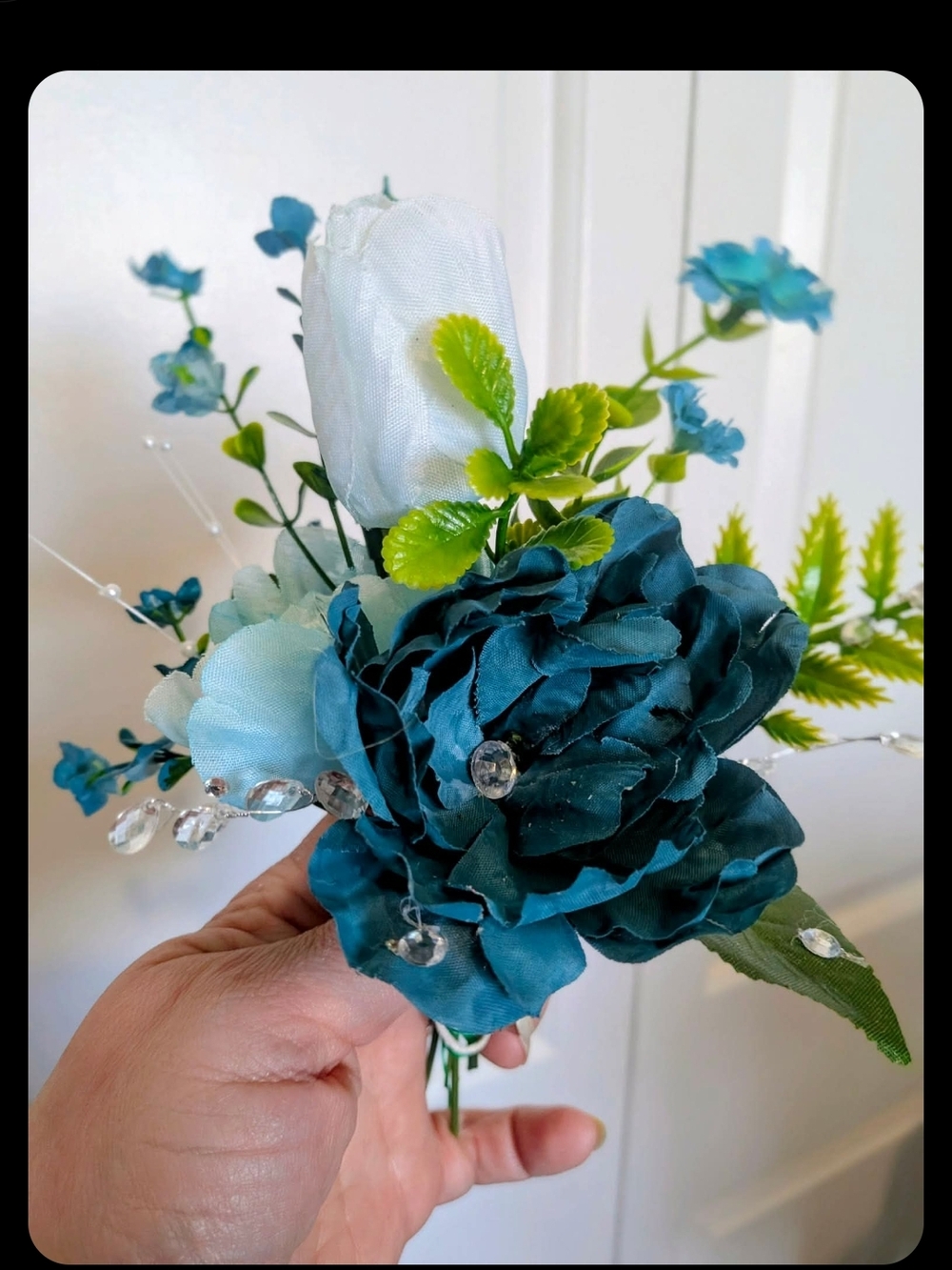 Teal Silk Floral Wrist Corsage And Matching Boutonniere with Crystal Set Sprays